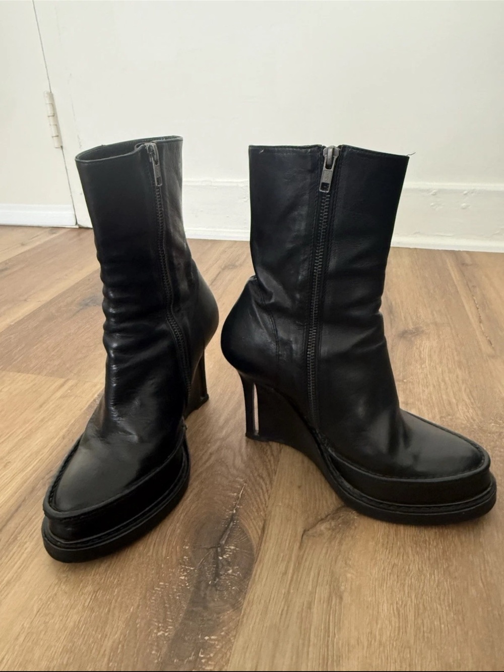 Ann Demeulemeester Black Leather Wedge Ankle Boots